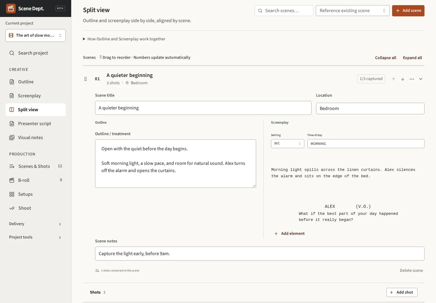 A fictional scene in the connected outline and screenplay tools.