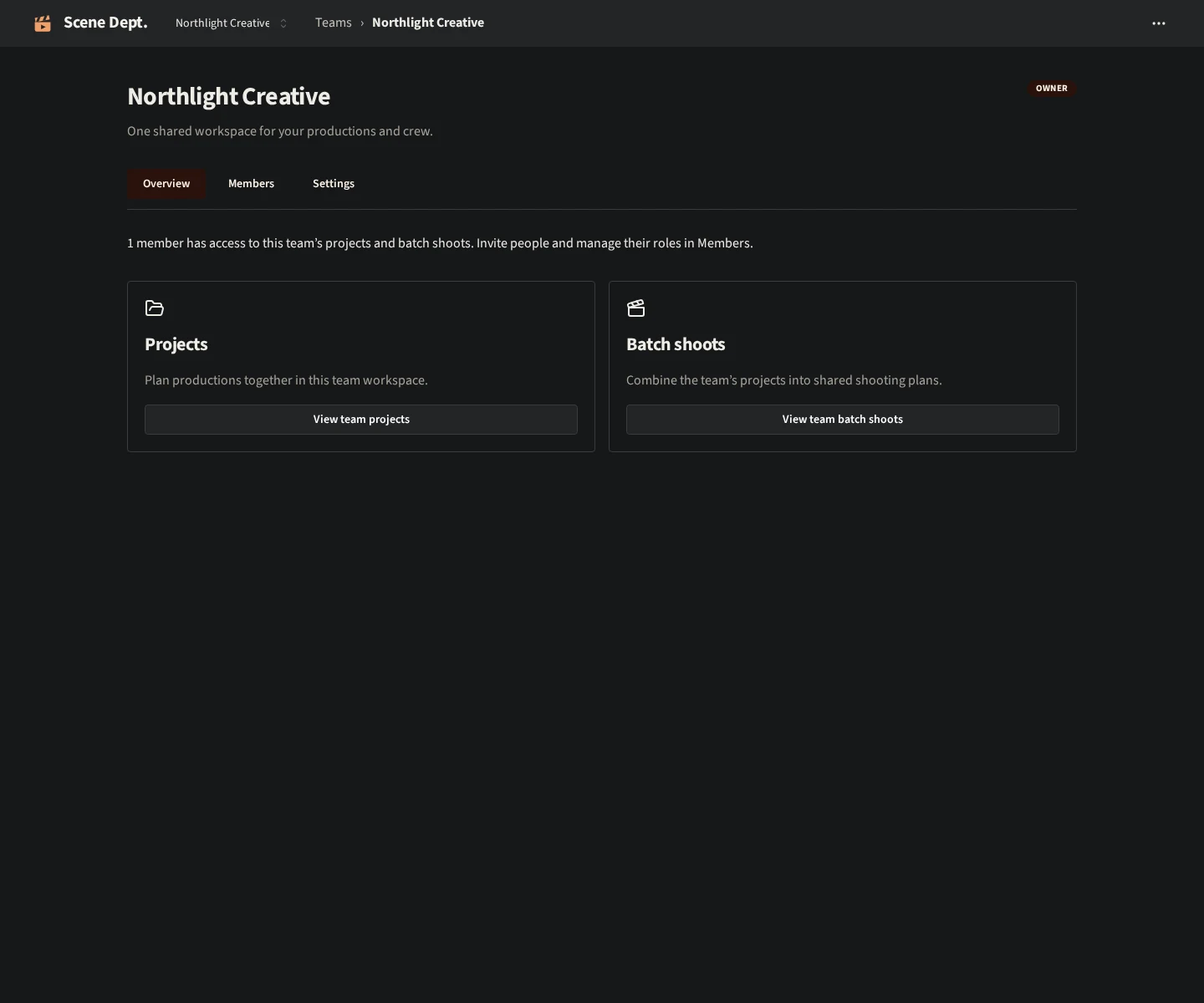 A fictional production team with shared project access and workspace navigation.