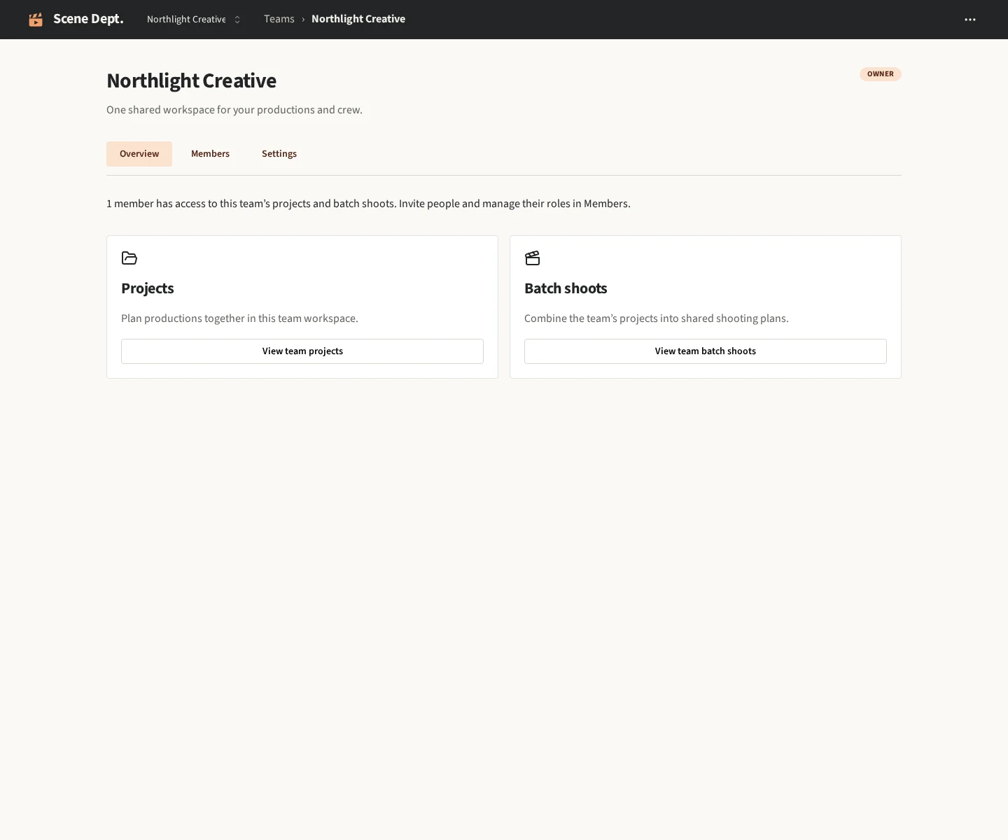 A fictional production team with shared project access and workspace navigation.