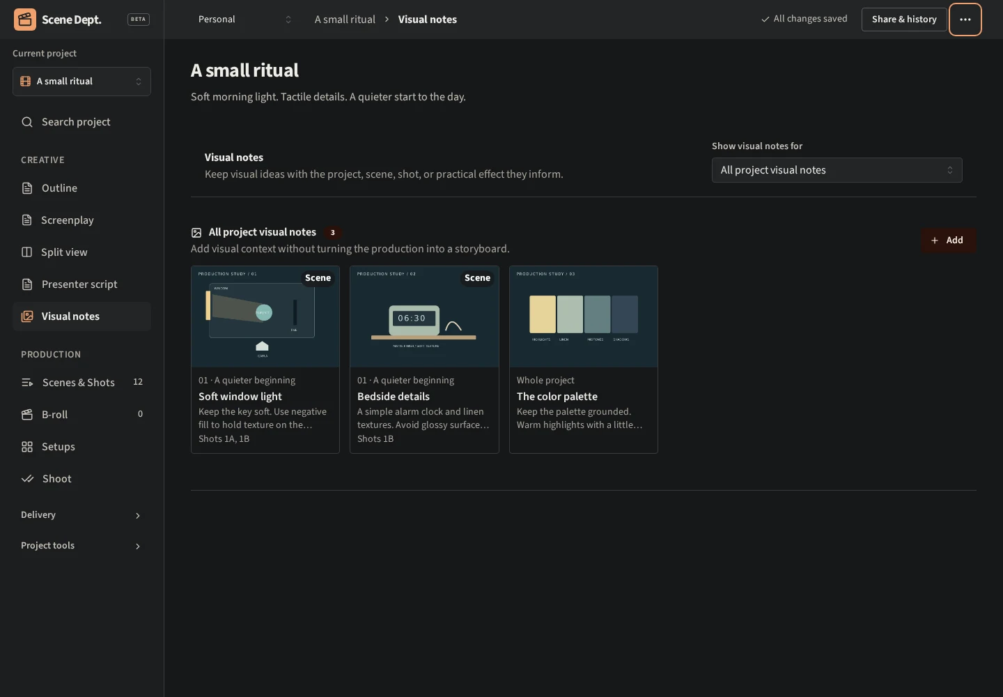 A fictional production's visual notes with a lighting plan, a prop sketch, and a color palette attached to scenes and shots.